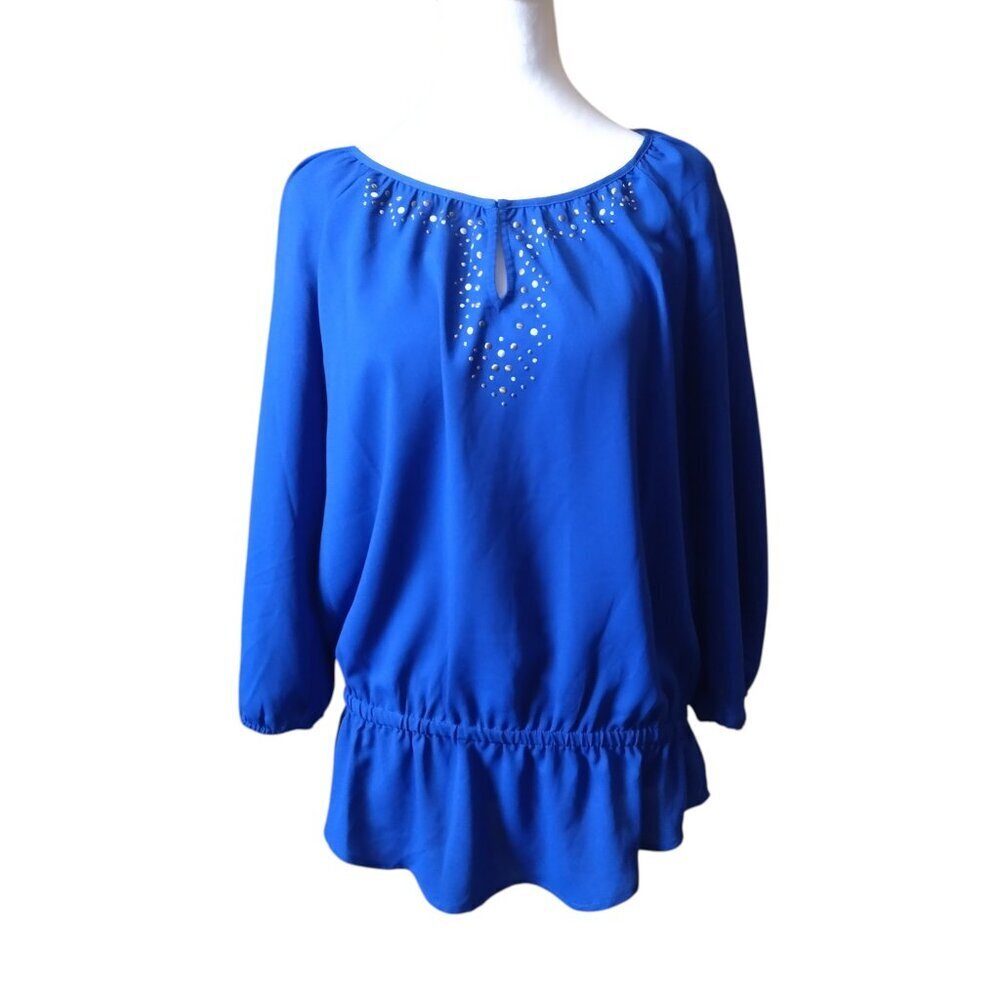 Chico’s Size 1 (M) 3/4 Sleeve Beaded Blue Elastic Waist Blouse Career Office